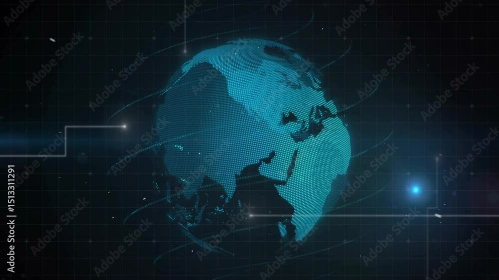 Poster starting animation showing turquoise dot-matrix globe rotating with data streams connecting nodes