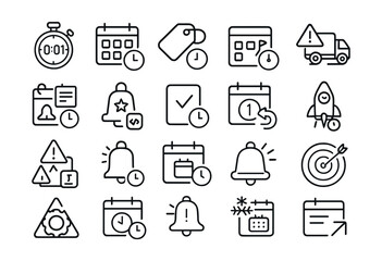 Line style icons of deadlines and release tracking: release countdown, sprint deadline, overdue tag, milestone date, delivery alert, schedule bell, feature lock, task due icon, calendar push, time to