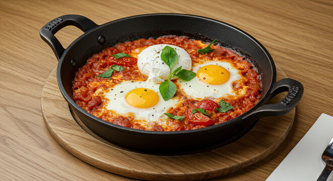 Israeli shakshuka with poached eggs and herbs in a cast-iron pan at brunch