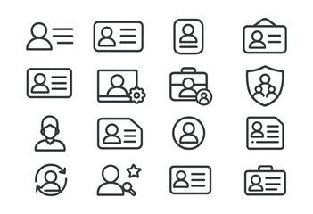 Line style icons of personal bios and team identity: user bio, about section, profile intro, personal card, role description, member photo, job title icon, team badge, founder icon, skill set tag,