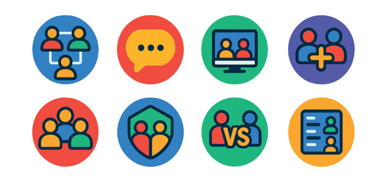 Flat vector icons of multiplayer gaming (in circles): players connected, chat icon, online room, co-op icon, team avatar, squad match, PVP icon, friends list.