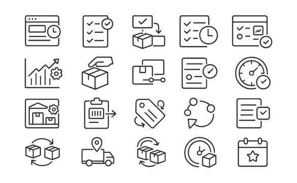 Line style icons of productivity and workflow in e-commerce: order dashboard, task checklist, order fulfillment flow, stock update icon, product listing tracker, efficiency chart, packaging process,