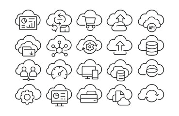 Fototapeta premium Line style icons of cloud tools and remote infrastructure: cloud dashboard, cloud inventory sync, cloud orders, SaaS e-commerce app, product API, remote file backup, CDN icon, real-time stock sync,