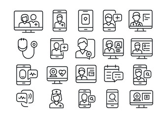 Line style icons of telemedicine and virtual healthcare: video consultation, online doctor, telehealth app, remote diagnosis, digital stethoscope, patient call, medical chat icon, virtual checkup,