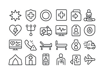 Line style icons of emergency care and urgent response: emergency icon, ambulance badge, emergency button, urgent care sign, CPR icon, AED tag, triage icon, first response unit, ER monitor, trauma