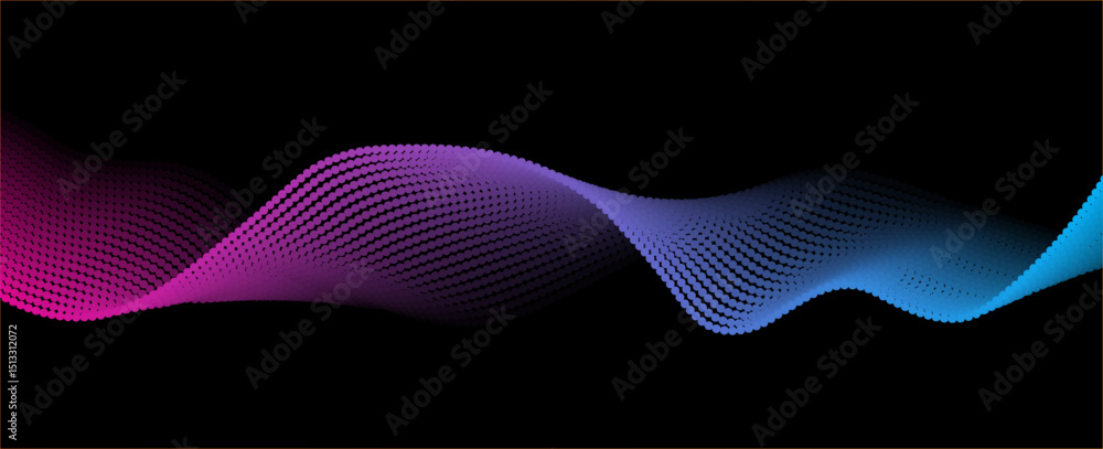 Poster flowing dots particles wave pattern pink and blue isolated on black, background. vector in concept o