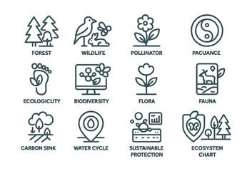 Fototapeta premium Line style icons of ecosystems and biodiversity in energy: forest icon, wildlife habitat, pollinator garden, natural balance badge, ecological footprint, biodiversity dashboard, flora icon, fauna