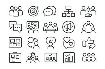 Line style icons of social interaction and collaboration: community group icon, shared goal badge, chat bubble eco, collaboration workflow, energy conversation icon, message thread tile, group task