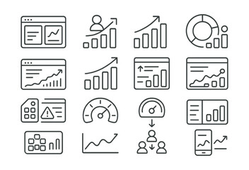 Fototapeta premium Line style icons of dashboards and analytics tools: dashboard tile, audience metrics icon, insight view chart, story stats ring, top post dashboard, growth tracker tile, post ranking icon, profile
