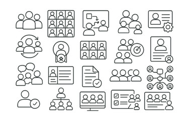 Line style icons of team and collaboration: project team icon, team avatar grid, collaboration board, profile group tag, role assignment tile, team sync icon, contributor badge, user directory, team