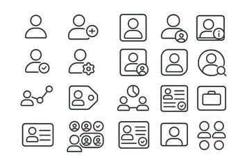 Line style icons of users and project roles: project user icon, role tag, team member tile, permission level icon, active user badge, profile settings card, assigned role badge, account info tile,