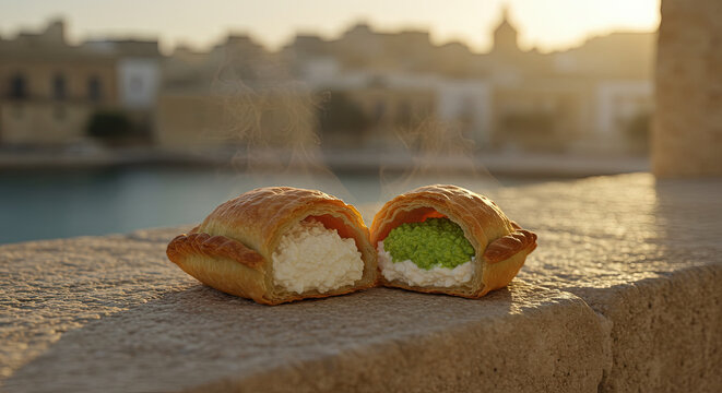Maltese pastizzi flaky pastry filled with ricotta or mushy peas on a stone ledge
