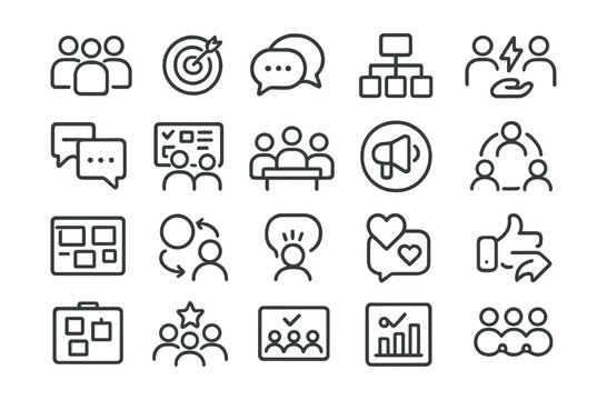 Line style icons of social interaction and collaboration: community group icon, shared goal badge, chat bubble eco, collaboration workflow, energy conversation icon, message thread tile, group task
