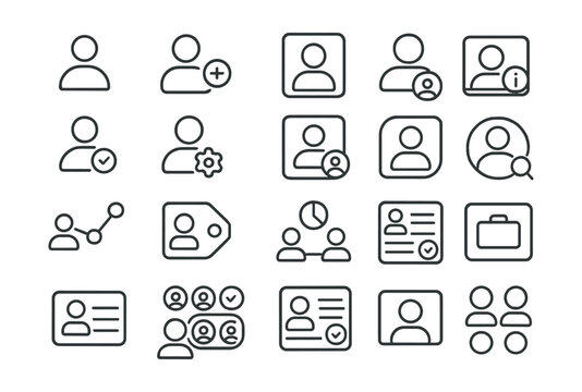 Line style icons of users and project roles: project user icon, role tag, team member tile, permission level icon, active user badge, profile settings card, assigned role badge, account info tile,