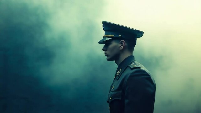 A military officer stands in front of thick smoke, ready for action