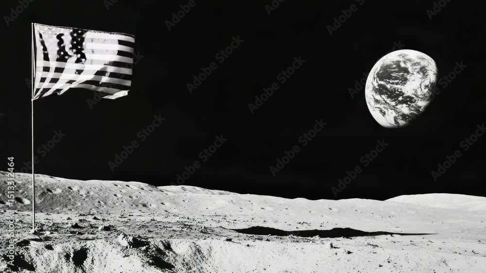 Poster a flag planted on the lunar surface with the earth visible in the distance