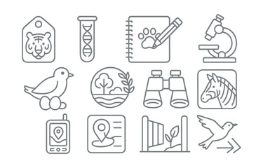 Line style icons of zoo conservation and research: endangered species tag, animal DNA sample, research notebook, zoo laboratory, breeding program icon, habitat restoration badge, field monitoring