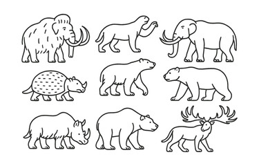 Line style icons of Ice Age mammals: Woolly mammoth, Saber-toothed tiger, Giant ground sloth, Mastodon, Glyptodon, Woolly rhinoceros, Megatherium, Short-faced bear, Cave lion, Irish elk.