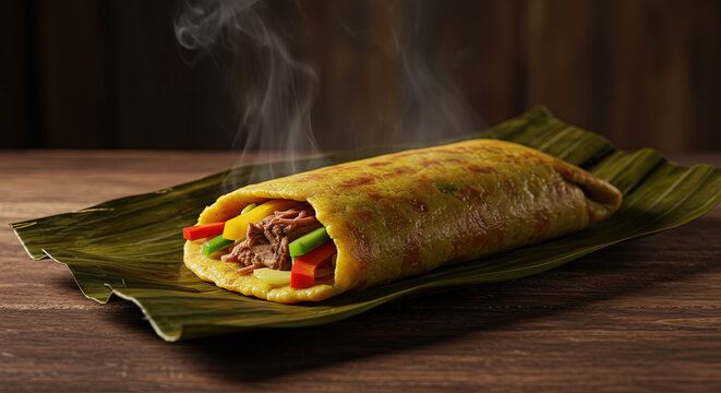 Nicaraguan nacatamal wrapped in banana leaves with pork and vegetables