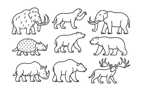 Line style icons of Ice Age mammals: Woolly mammoth, Saber-toothed tiger, Giant ground sloth, Mastodon, Glyptodon, Woolly rhinoceros, Megatherium, Short-faced bear, Cave lion, Irish elk.