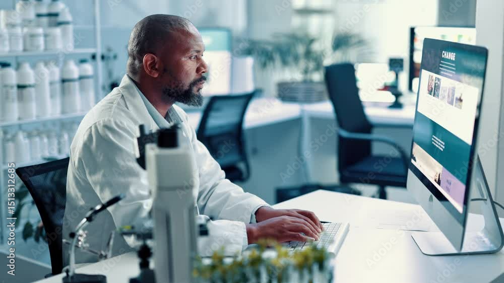Poster Black man, scientist and typing on computer in lab for medical research, experiment and botany. Person, online and PC for investigation report, genetic change and information of plants transformation