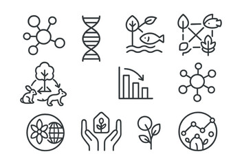 Line style icons of genetic diversity and ecosystems: genetic variation icon, DNA strands, ecosystem web, balanced food chain, species richness chart, gene pool tile, biodiversity symbol,