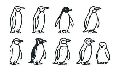 Line style icons of all penguin types: emperor penguin, king penguin, Ad&eacute;lie penguin, gentoo penguin, chinstrap penguin, rockhopper penguin, Magellanic penguin, Humboldt penguin, little blue penguin,