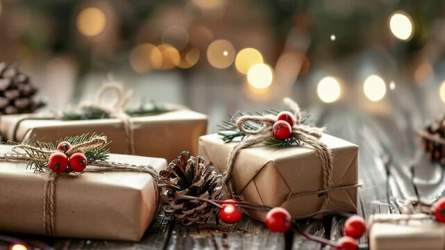 Wrapped holiday gifts with natural twine, pine sprigs, and red berries create a warm, rustic aesthetic on a weathered wood surface, illuminated by soft, blurred lights.