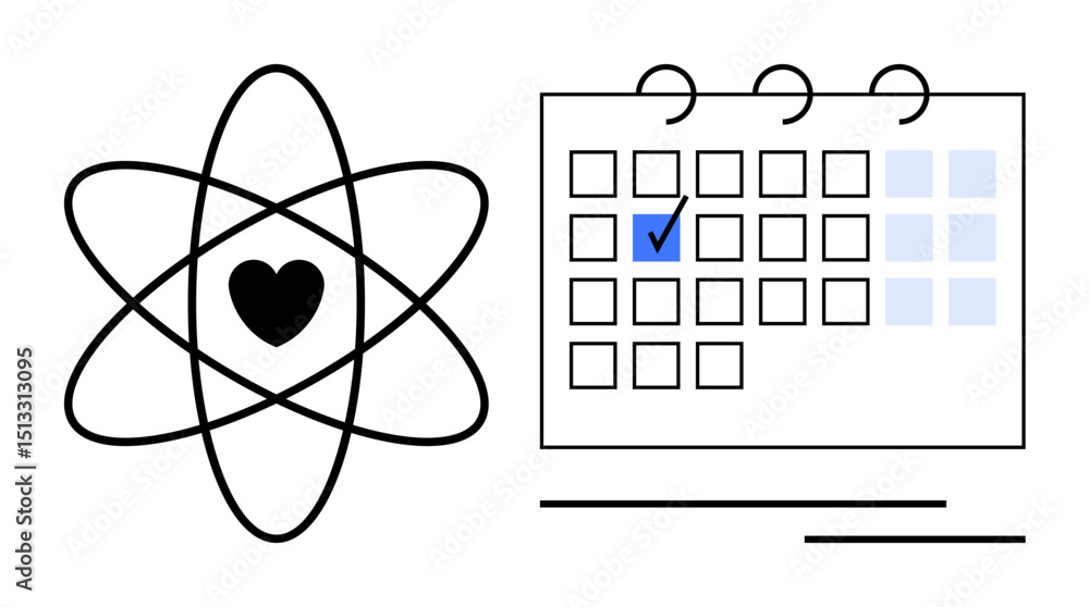 Poster heart within atomic structure beside a calendar with a blue checkmark emphasizes harmony, planning. 