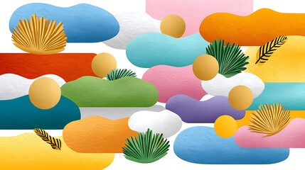 Abstract colorful shapes with tropical leaves and golden spheres create vibrant and cheerful composition with soft watercolor