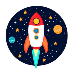 Rocket ship in space with stars and planets, colorful flat art style icon with copy space for text