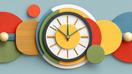 Abstract clock design with colorful circular shapes and textured geometric background creating vibrant and modern time concept