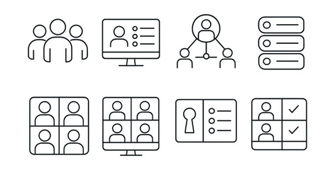 Line style icons of project management: project team icon, role assignment screen, collaboration network badge, contributor tag list, squad view layout, remote team avatar grid, access panel board,