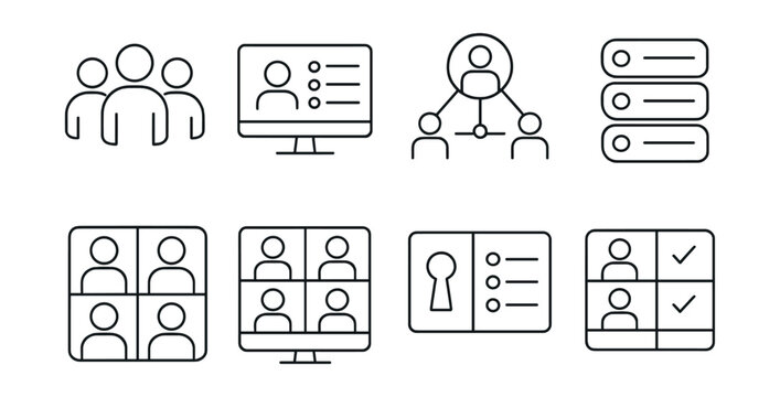 Line style icons of project management: project team icon, role assignment screen, collaboration network badge, contributor tag list, squad view layout, remote team avatar grid, access panel board,