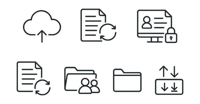 Line style icons of project management: cloud storage icon, synced files badge, access log screen, encrypted document symbol, version restore layout, shared resource folder, upload/download tracker.