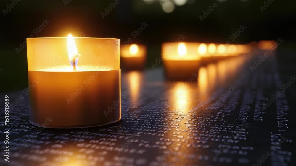 Poster A row of lit candles sitting on a table, perfect for use in events or as decorative element