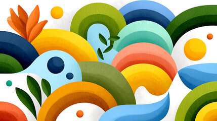 Colorful abstract pattern with brushstroke shapes and leaves creating lively visual storytelling design