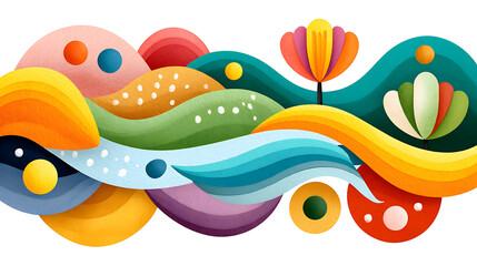 Colorful abstract landscape with flowing shapes and stylized flowers, vibrant brushstroke pattern creating joyful visual