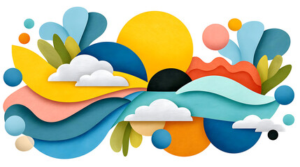 Colorful abstract paper cutout with clouds and waves bright blue, yellow, and orange tones creating lively visual storytelling