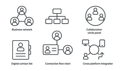 Line style icons of business innovation: business network icon, stakeholder map badge, connection flow chart, partner ecosystem layout, collaboration circle panel, digital contact list,
