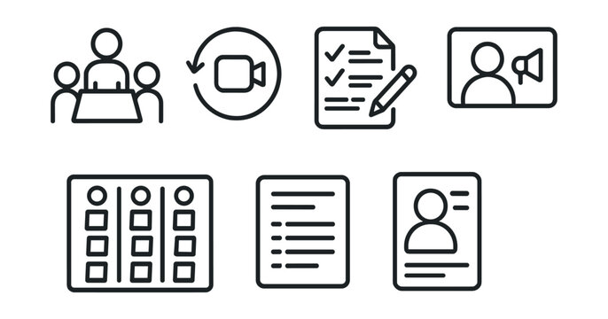 Line style icons of business innovation: team meeting icon, video sync badge, agenda tracker layout, note taker panel, speaker icon card, shared action items board, meeting minutes summary.