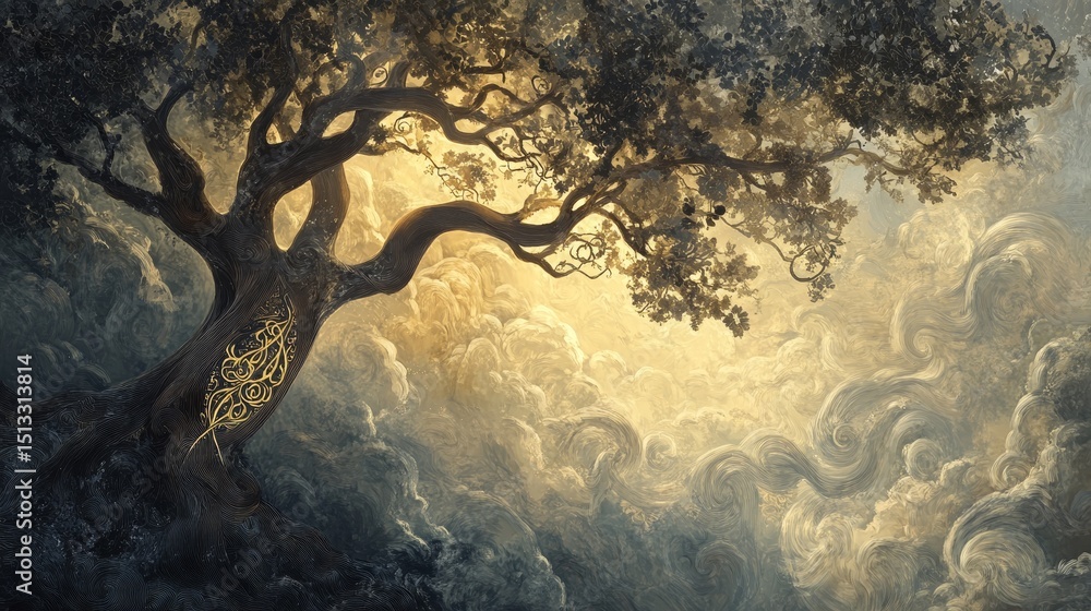 Poster tree with large branches against a cloudy ethereal sky with light shining through.