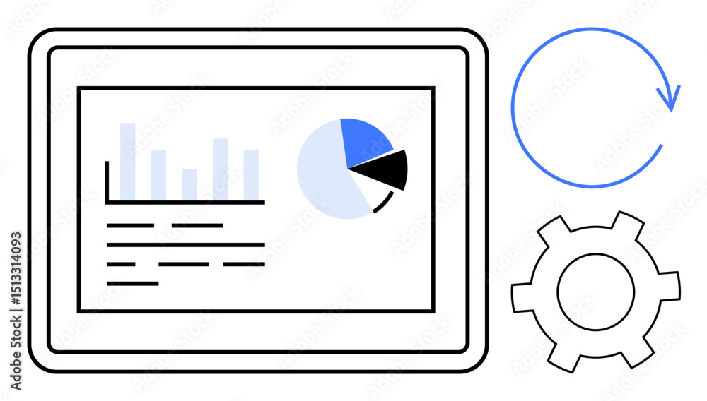 Poster tablet screen displaying bar chart, pie chart, and data. gear icon and circular arrow symbolize auto