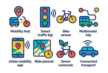 Flat vector icons of smart mobility: mobility hub, smart traffic light, bike sensor, multimodal trip, urban mobility app, ride planner, green commute, connected transport.