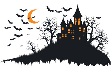 Spooky halloween haunted house bats moon night