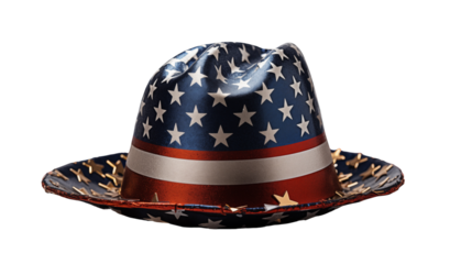Patriotic flag hat, July 4th festive decor, red, white, blue stars, USA Independence Day theme, isolated on transparent background.