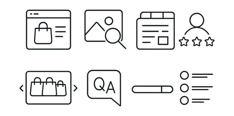 Line style icons of e-commerce journey: product detail page icon, zoom image badge, technical specs tab, customer review section, related products slider, Q&A field icon, item availability bar,