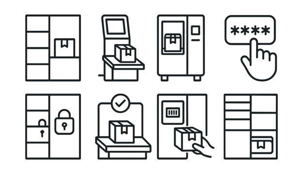 Line style icons of in-store pickup: parcel in locker icon, small self-service station, mini pickup machine, enter code to open badge, locker cell unlock icon, pick-and-go station symbol, scan screen