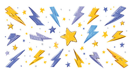 Star and flash doodle scribble icons. Rock and punk lightning, hand drawn line sketch vector. Music thunder crayon cartoon set. Stars and flash fire brush illustration.flash, vector, arrow, blob, 