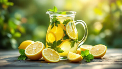 Fototapeta premium Fresh lemonade in a glass jug. 